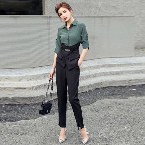 New arrival fashion sets for women summer office lady casual patchwork slim shirt and long pants temperament sexy two piece sets