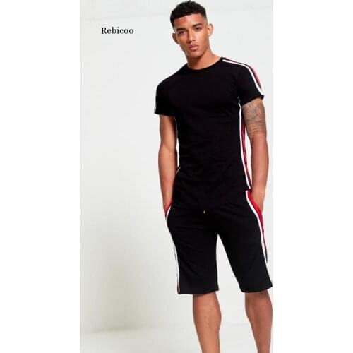 Men Shorts Set Side Stripe O-Neck Shirt and Shorts Two Piece Set Sport Wear Gym Clothes Men Fitness Jogging Suit Summer Fashion