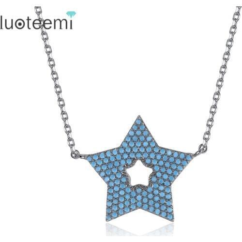 LUOTEEMI Cute Shining Blue Stone Star Pendant Inly Cubic Zirconia Gun Black Rhodium Plated Necklace for Women Girl Party Jewelry