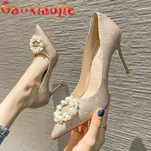 Soft And Comfortable Women Pumps Glitter Pearl Diamond Buckle Elegant Wedding Party High Heels 9CM Pointed End Stiletto Shoes
