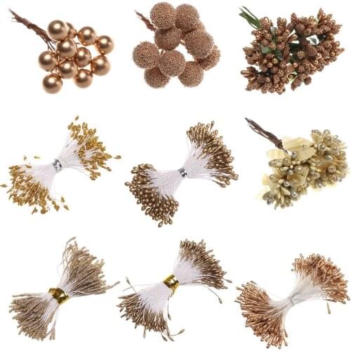 8/10/12/90/144pcs Gold Mixed Hybrid Flower Cherry Stamen Berries Bundle DIY Cake Christmas Wedding Gift Box Wreaths Decor