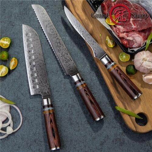 Grandsharp 3 Pcs Chef Knife Set vg10 Japanese Damascus Steel Santoku Bread Boning Knife Japanese Kitchen Knives 67 Layers Knives