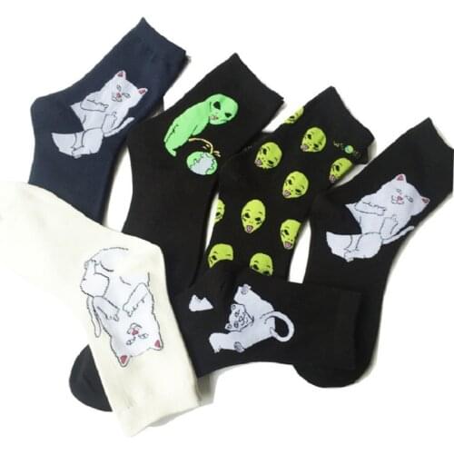 Unisex Male Female Hip-hop Street Style Skateboard Socks Funny Cat Base Cat Alien Middle Tube Socks 1 Pair Cartoon Socks