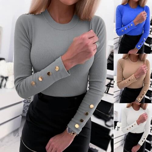 Slim Shirts Top Women Autumn Winter Pullover Solid Color Buttons Cuff Base Shirt O-Neck Office Lady T-shirts Plus Size