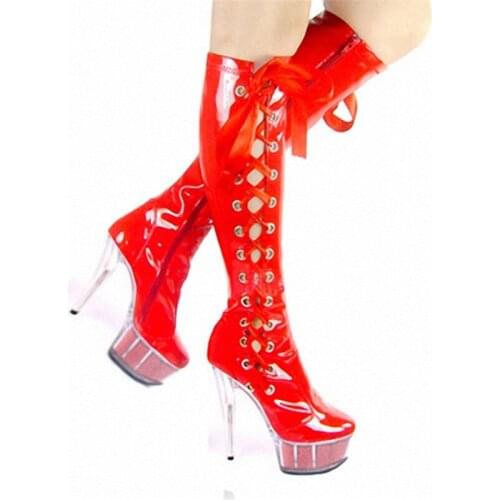 Wholesale HOT Fashion sexy 6 inch high heel knee boots clear Platform womens motorcycle boots 15cm pole dancing boots