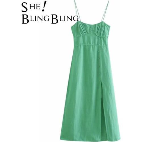 SheBlingBling ZA 2021 Green Lined Button Midi Dresses Women Spaghetti Straps Backless Sexy Strappy Side Slit Party Female Dress