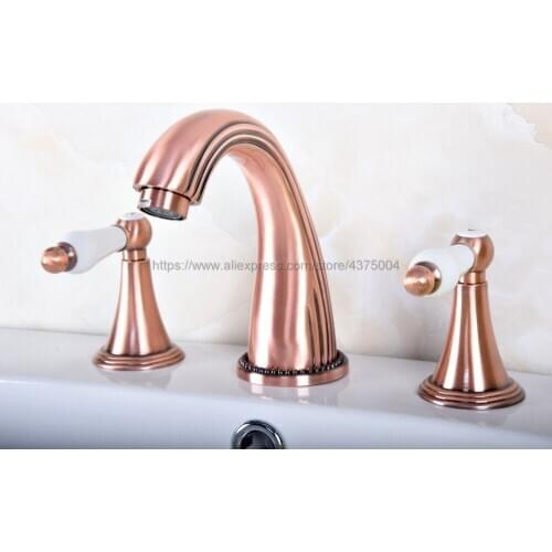 Bathroom Faucet Antique Red Copper 3 Hole Double Handle Basin Sink Mixer Tap Widespread Bathroom Basin Faucet Nrg077