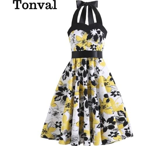 Tonval High Waist Floral Print Women 50s Style Pinup Vintage Dress Sexy Party Halter Backless Lace Up Back Slim Dresses