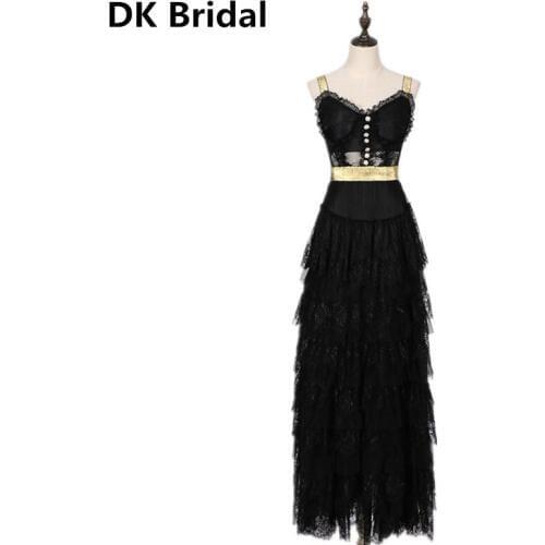 A-Line Sweetheart Evening Dress Long Golden Spaghetti Strap Sexy Black Lace Rhinestone Formal Dresses Long Party Gown