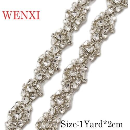 WENXI 5YARDS Handmade Wholesale Silver Crystal Rhinestone For Wedding Gown Sash Clear Sparkle Crystal Rhinestone Applique WX916