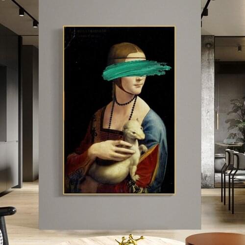 Funny Art Leonardo Da Vinci-The Lady with An Ermine Canvas Art Paintings Cover Face Canvas Picture for Living Room Decoration