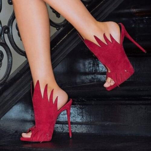 Hot Flames Shape Suede High Heel Sandals Red Black Irregular Cut Peep-toe Stiletto Hight Heels Slipper Peep Toe Dress Shoes