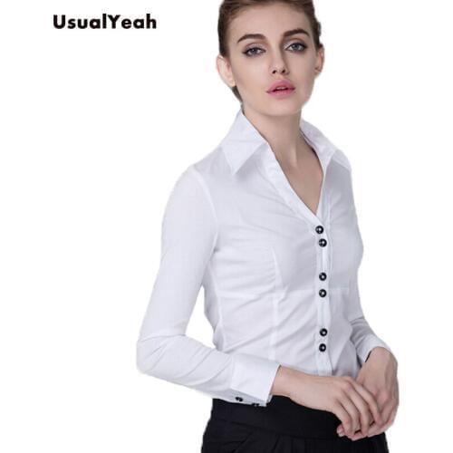 New Fashion Elegant office Long sleeve V neck OL Casual Body Shirt Blouse for women Button blusas White Black S-XXL SY0171