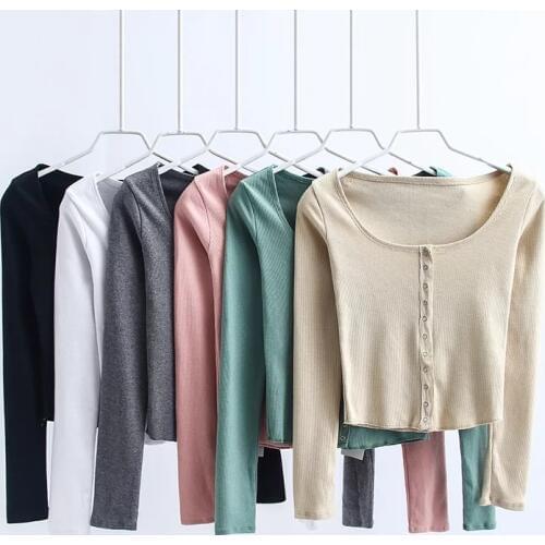 Women sexy O-neck Long Sleeve Tops Single Breasted crop Top t-shirts Knit Rib Black white Top Woman autumn slim T shirt