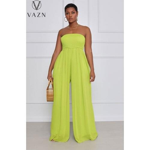 VAZN 2021 Top Quality Business Lady Solid Loose Boho Sleeveless Summer Young Sexy Soft High Waist Women Long Pencil Jumpsuits