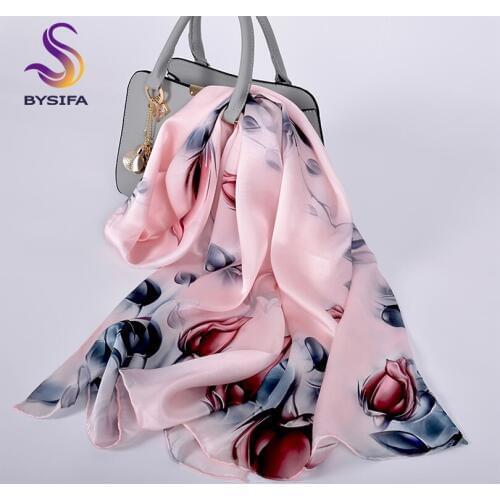 [BYSIFA] Pink Grey Rose Bud Silk Scarf Shawl Ladies New Brand 100% Silk Satin Neck Scarf Cape Women Long Scarves Wraps 175*52cm
