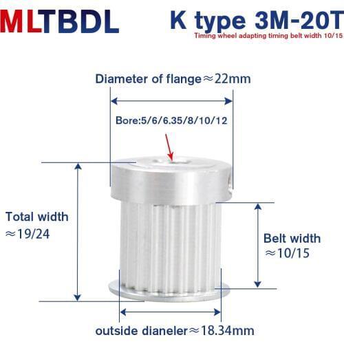 3M 20T Timing Pulley 5/6/6.35/8mm Bore Gear Pulley 3mm Pitch 15mm Belt Width K type 3m Aluminum Synchronous Timing Belt Pulleys
