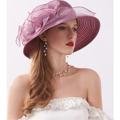 2021 New Organza Top Hat Feather Flower Decorated Fashion Wedding Fashion Cap Wide Brim Dome Beach Sun Hat Sombreros De Mujer