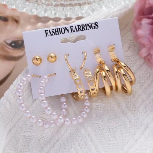 6Pcs/set Fashion Big Circle Simulation Pearl Gold Color Geometric Earrings Set For Women Vintage Metal Multi Layer Earring Gifts