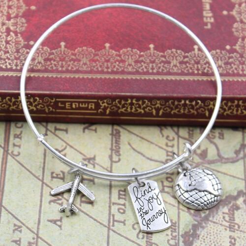Hot Fashion Diameter 65mm Bracelets Bangles With Mini Globe earth, Mini Aircraft plane,Traveling The world,enjoy Your Journey