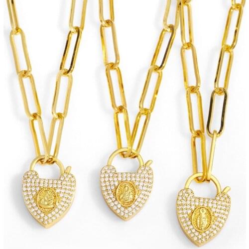 EYIKA Retro Filled Zircon Heart Padlock Pendant Gold Link Chain Necklace for Women Rainbow Virgin Mary Collar Christian Jewelry