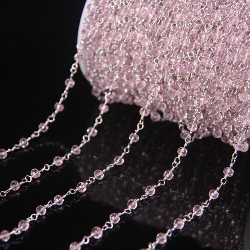 5Meters 3x4mm Pink Quartz Glass Faceted Rondelle Bead Rosary Chains Supplies,Silver Plated Wire Wrapped Chains Necklace Jewelry