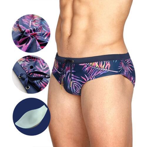 European And American Mens Briefs Print With Cup Fashion Swim Trunks Push Pad Beach Sports Swimwear Mens Sexy Swimming Trunks