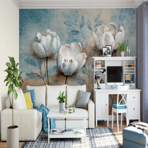 Photo 3D Mural Wallpapers European Style 3D Retro Relief Hand-Painted White Flowers Wall Papers for Living room Non-Woven Murals