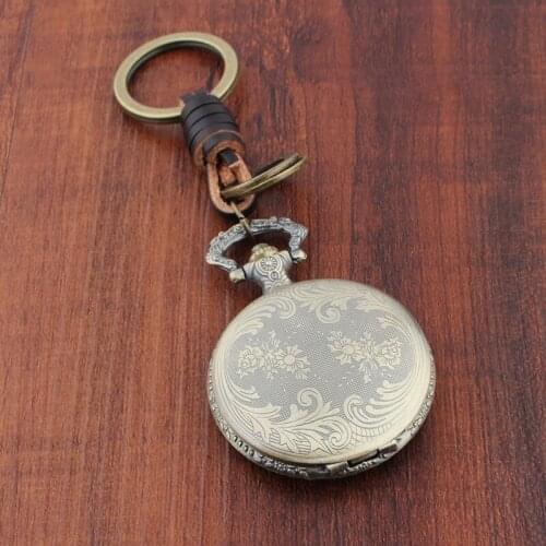 Gothic Flower Pattern Bronze Pocket Watch Key Ring Leather Car Keychain Lady Couple bag New fashion Charm flower keyring Jewelry