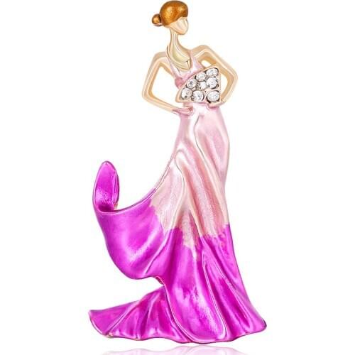 HOSENG Fashion Yellow Dress Dancing Lady Girl Brooch Alloy Rhinestone Elegant Women Wedding Graduation Party Enamel Pin HS_417