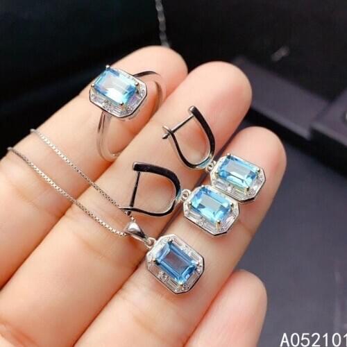 KJJEAXCMY fine Jewelry 925 sterling silver inlaid natural blue topaz elegant pendant ring earring set support test Chinese style