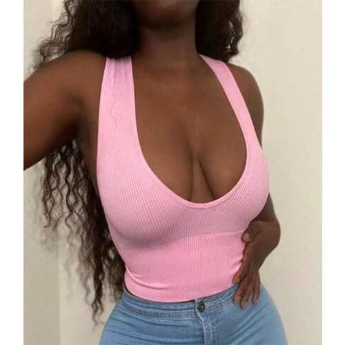 Summer Sexy Stretch Vest Solid Color Women Ladies Daily Casual Wild Low-Cut V-Neck Sleeveless Base Exposed Navel Tank Tops