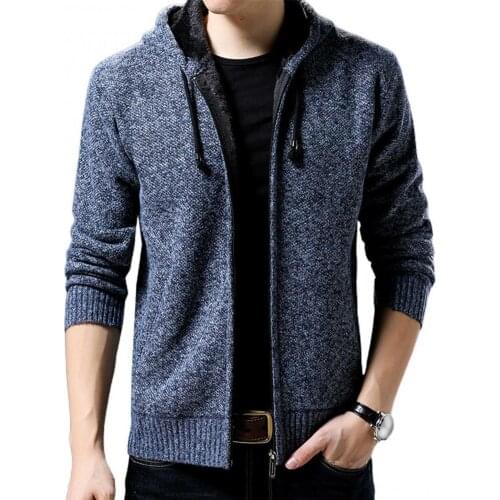 Men Hooded Coat Solid Color Long Sleeve Plush Liner Zipper Pockets Autumn Winter Men Casual Knitted Hoodies Coat Jacket