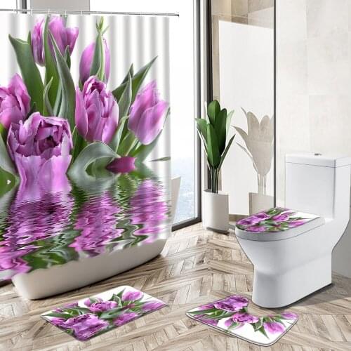 Flower Landscape Shower Curtain Set Tulip Plant Butterfly Spring Scenery Home Decor Bath Mat Toilet Lid Cover Bathroom Carpet