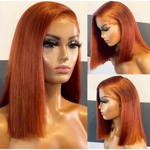 Burnt Orange Lace Front Wig Straight Short Bob Lace Front Human Hair Wig For Women Brazilian 4x4 Lace Closure Wig Bleached Knots