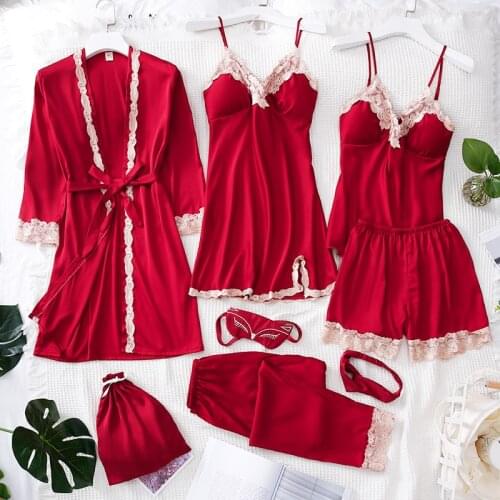 JULYS SONG New 7PCS Satin Silk Women Pajamas Sets Spring Summer Sexy Lace Female SleepWear Soiled color Sling Shorts Woman Robe