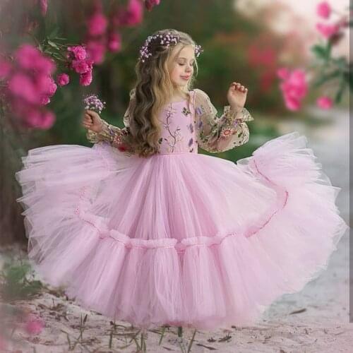 Long Sleeve Pink Princess Flower Girl Dresses Scoop Neck Floor Length Girls Birthday Party Dress Christmas First Communion Gowns