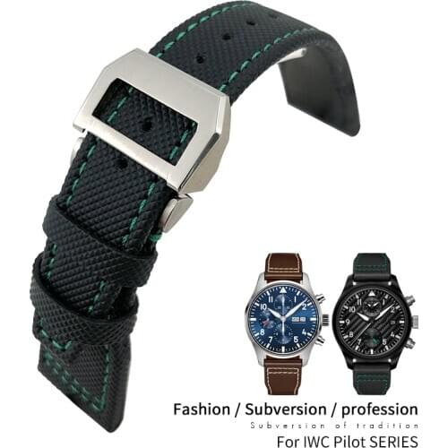 20mm 21mm 22mm High Quality Nylon Calfskin Leather Watchband for IWC Big Pilot TOP GUN Spitfire Green Black Strap Folding Buckle