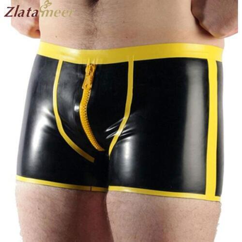 Men Sexy Latex Underwear Mens Boxer Briefs With Zipper Plus Size Black and Yellow Rubber Shorts Customize Service LPM057