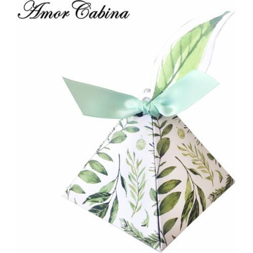 Green forest Style Triangular Pyramid flower leaves Candy Boxes Wedding Favors Bomboniera birthday gift box with ribbon & tag