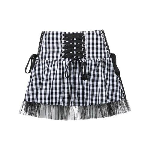 Spring Autumn Harajuku Hot Girl Kawaii Black Plaid Lace Bandage Skirts Streetwear Fashion Punk High Waist Mini Skirt
