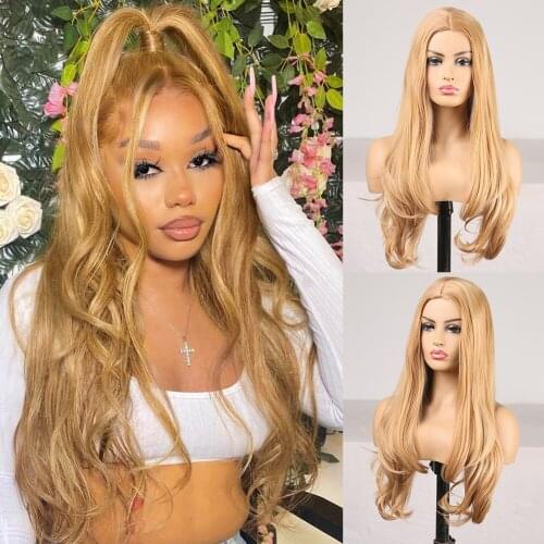 Wavy Milk Tea Color Synthetic Wig Middle Part with Baby Hair Natural Looking Machine Made Synthetic Heat Resistant Fiber