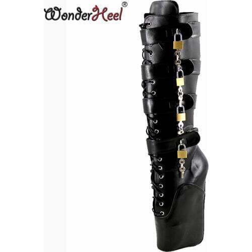 Wonderheel sexy ballet shoes ultra high heel 7" wedges heel Knee high Boots sexy fetish matte black locked padlocks ballet boots