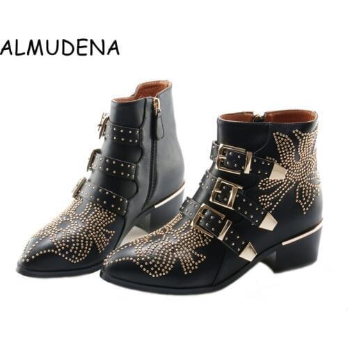 Best-selling Spike Studded Short Ankle Boots Leather Round Toe Triple Buckle Strap Women Motorcycle Boots Shoes Low Heels Shoes