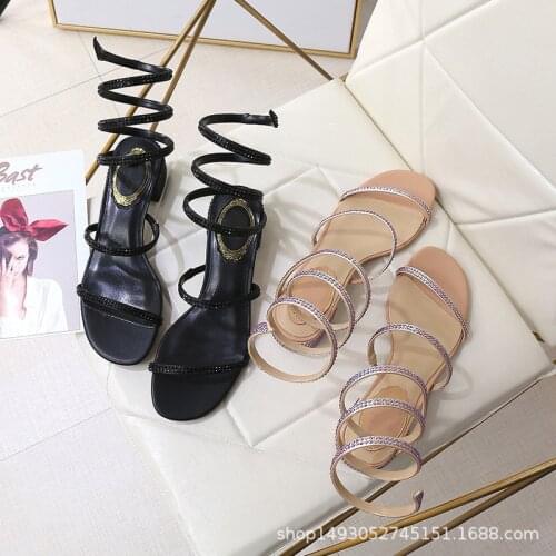 2020 Summer New Snake-Shaped Winding Sandals Semi-High Heeled All-match Crystal Fairy Wind Open Toe A- line Womens Shoes