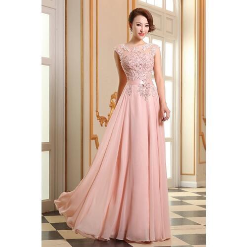 Ensotek 2019 New Scoop Appliques Lace-up Floor-Length Chiffon Prom Dress Pink Evening Formal Dress Vestidos de Festa Cheap