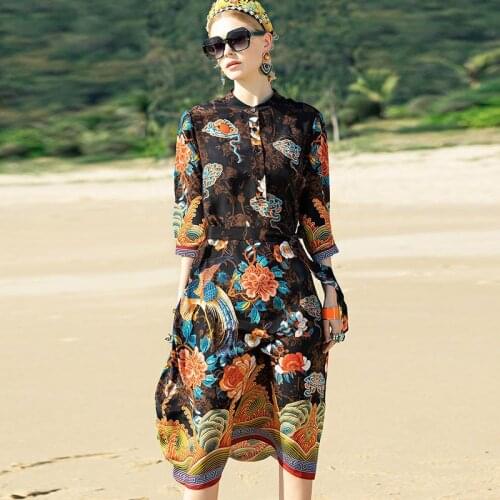 Vintage Plus Size Midi Dress Short sleeve Spring Summer Beach Dress Woman Loose Floral Silk Dress With Collar Elegant Vestidos