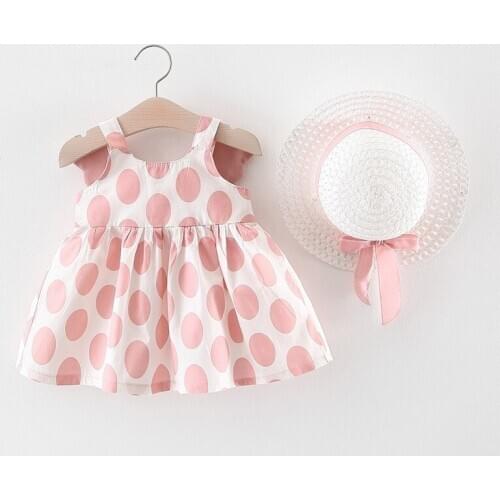 0-36M 2Pcs Baby Girl Dot Print Pattern Sleeveless Strap Dress With Wings Design+Sun Hat Clothes Set