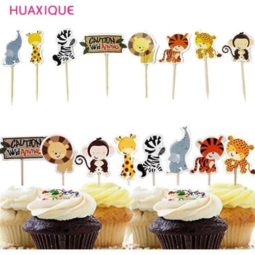 24Pcs Jungle Safari Animal Theme Cake Topper Cartoon Cupcake Inserts Card Party Cupcake Flag Kids Birthday Cake Decor Supplies