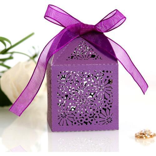 50pcs Flower Circle Laser Cut Hollow Favor Gifts Candy Boxes Chocolate Package With Ribbon Baby Shower Wedding Party Decoration
